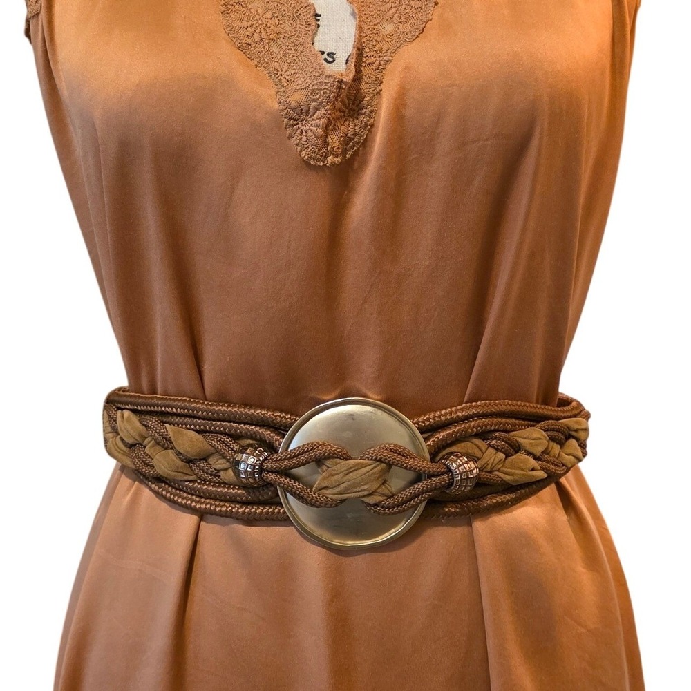 Vintage 1993 Leather Shop Braided Suede Leather Cord Belt Gold Medallion 26"